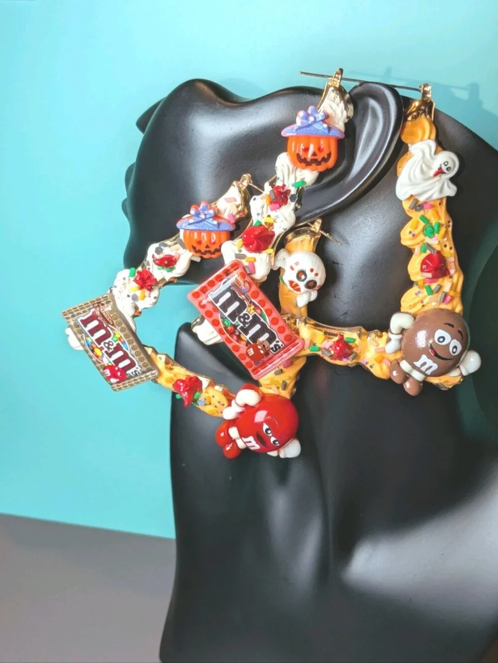 Hand Crafted Decoden Orange, Red, Brown Halloween Candy Charm XL Hoop Earrings